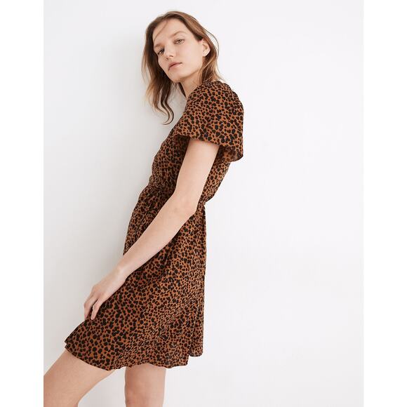 Madewell Mini Dress XS Wrap Leopard Print Brown Flutter Short Sleeve - Picture 12 of 12
